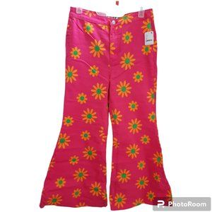 Free People Youthquake Printed Crop Flair Pants, Bright Pink with Orange Daisies